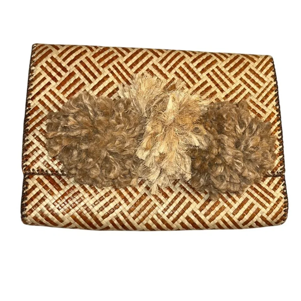 Summer sisal handmade pom poms embellished Phillipines straw clutch bag purse
